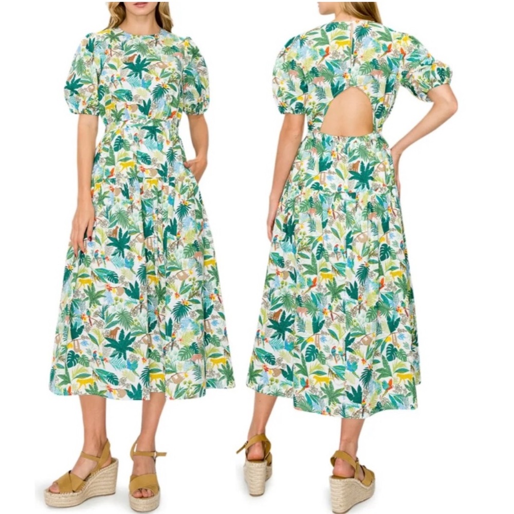 MELLODAY Tropical Print Puff Sleeve Midi Dress